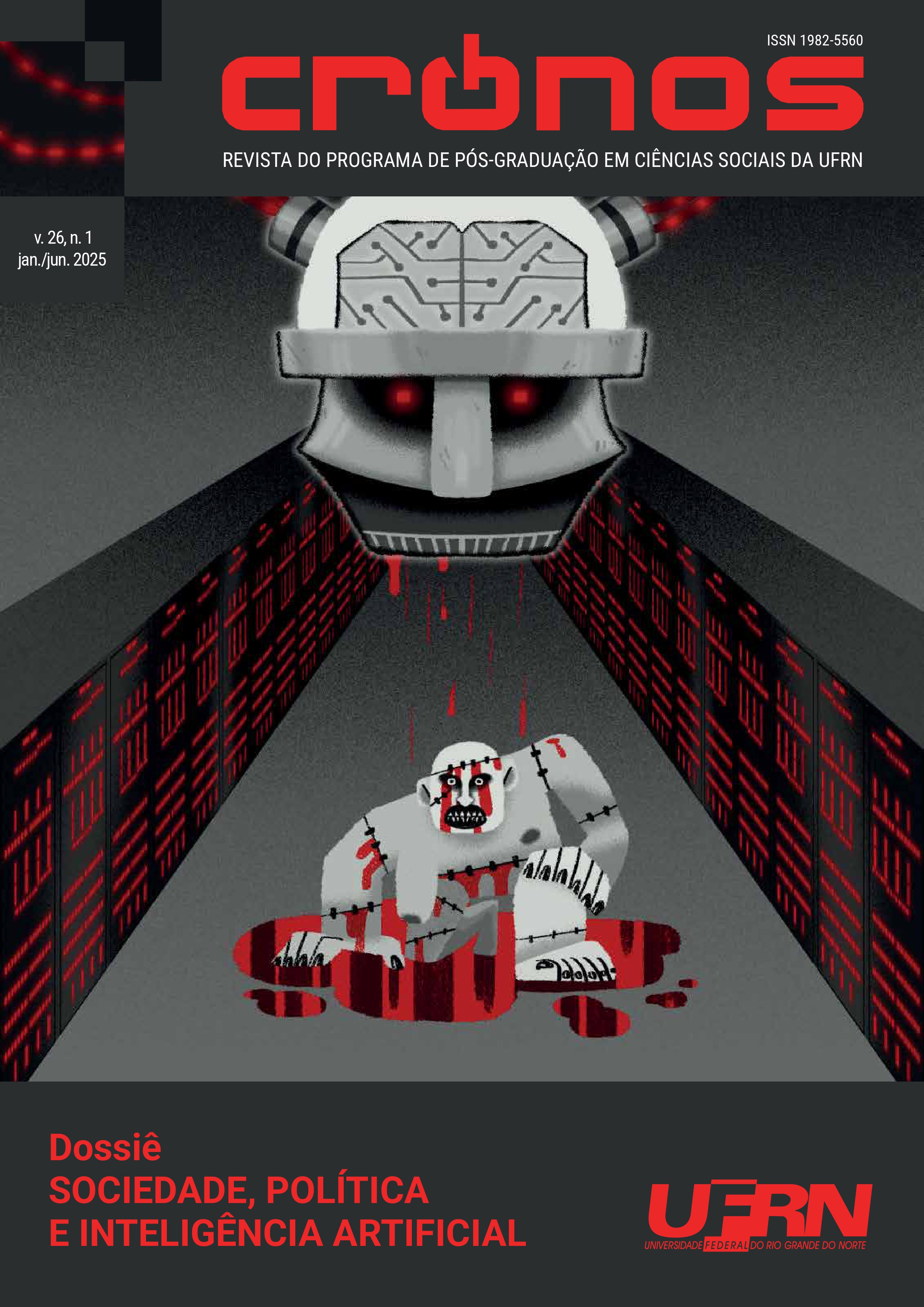Portada de la revista Cronos, una edición sobre sociedad, política e inteligencia artificial, con una ilustración de un robot amenazante y una figura humana.
