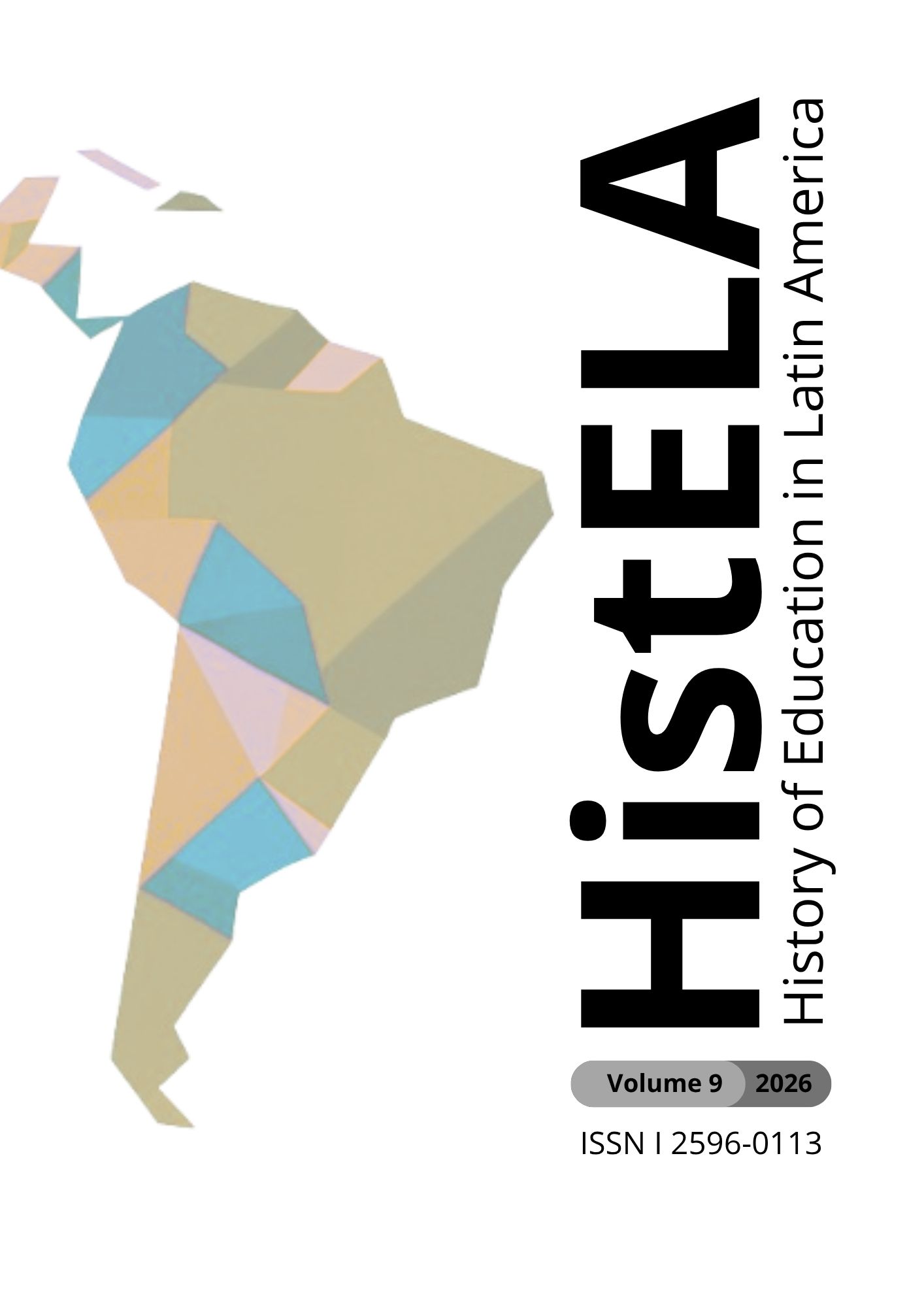 Capa da Revista Histela, volume 9, ano 2026. Fundo branco e no centro o mapa da América Latina em tons de cinza e azul. Na lateral direita a sigla HistELA na vertical.