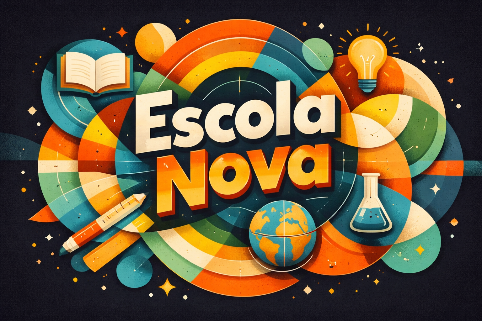Imagem produzida com ChatGPT 5.2: Imagem com fundo escuro. Ao centro, a expressão “Escola Nova” aparece em letras grandes e coloridas, cercada por círculos e formas geométricas sobrepostas. Elementos gráficos estilizados, como livro, lâmpada, lápis e frasco de laboratório, reforçam a ideia de inovação educacional e renovação pedagógica.