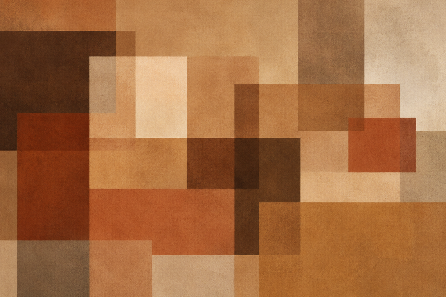 Imagem produzida com ChatGPT - Composição abstrata em formato horizontal, construída por meio da sobreposição de quadrados e retângulos de diferentes dimensões, organizados em um equilíbrio visual entre áreas densas e espaços de respiro. As formas geométricas apresentam diferentes níveis de transparência, criando camadas que sugerem profundidade e interação entre os planos.