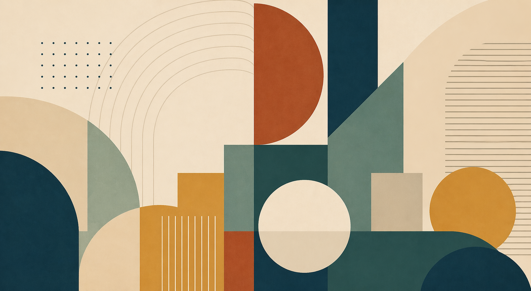Composição abstrata com formas geométricas sobrepostas em tons suaves (ocre, azul e verde), organizada de modo equilibrado e minimalista.