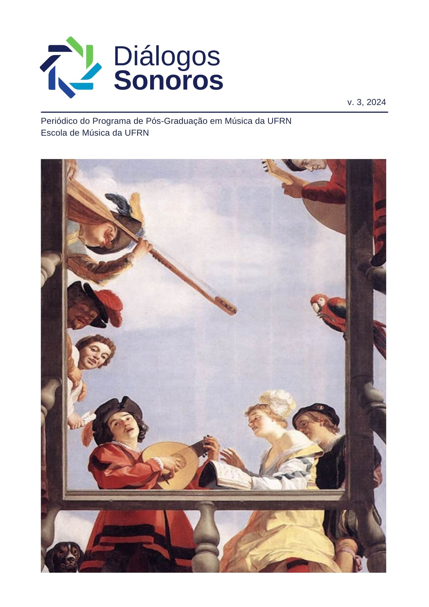 [Descrição da imagem] A pintura intitulada "Grupo musical numa varanda" [Musical Group on a Balcony] foi produzida pelo holandês Gerrit van Honthorst (1590-1656) em 1622. Representa a cena de uma performance musical realizada por quatro cantores e três instrumentistas ladeados por uma arara e um cachorro, todos distribuídos ao redor de um balcão, observado desde um plano inferior. Os cantores e os instrumentistas vestem roupas coloridas, que contrastam com o céu azul claro com nuvens brancas que lhes faz fundo. Os quatro cantores se dividem em dois pares; um deles, de maior destaque na cena, se ocupa em ler um livro de partituras sustentado pela cantora, enquanto o outro, na margem esquerda, dirige seu olhar ao observador externo. Os três instrumentistas, dois tocando alaúdes e o outro uma teorba, trocam olhares entre si. O cachorro e a arara acompanham o segundo casal de cantores, encarando o observador externo. A perspectiva explorada pelo pintor possibilita criar a ilusão de que esse observador situa-se no meio da cena, como parte dela, num piso inferior do prédio onde ela acontece, ou seja, o observador externo dirige seu olhar de baixo para cima. As práticas musicais do Antigo Regime, com suas teorias e poéticas, foram bastante representadas em pinturas produzidas entre os séculos XVI, XVII e XVIII, e constituem o objeto de estudo que abordamos nas pesquisas que se fazem presentes neste dossiê. Por isso, a imagem nos parece oportuna para ilustrá-lo. A polivalência de sua leitura nos parece ainda mais oportuna, uma vez que nos possibilita, como músicos e pesquisadores do século XXI, nos projetarmos como "participantes" dessa cena, fazendo soar essas músicas no tempo presente; nos projetarmos como ouvintes, familiares ou estrangeiros em relação a essa prática de origem europeia, e com algum distanciamento submetê-la a análises e reflexões; ou ainda nos projetarmos como o elemento "exótico" da cena, como a arara vermelha levada das Américas à Europa, para pensar os processos históricos de colonização, aculturação e a participação da América Latina nas práticas culturais desse período. Por certo, essas projeções não são excludentes, pelo contrário, se somam e se multiplicam, e contribuem para a compreensão dos diversos elementos presentes nesse que parece ser um simples ato de cantar acompanhado, seja hoje, seja nos muitos tempos passados [Fim da descrição]